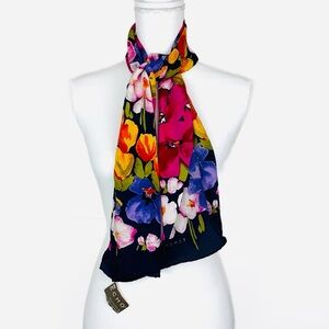 NWT Echo 100% Silk Satin Neck Scarf Bright Colorful Floral Rectangular 11”x50”